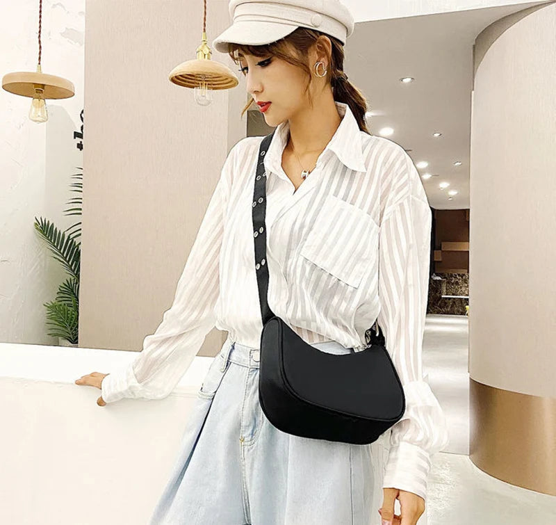 Casual Shoulder Bags For Women Black Waterproof Nylon Crossbody Bag Cool Girls Underarm Handbag Purse