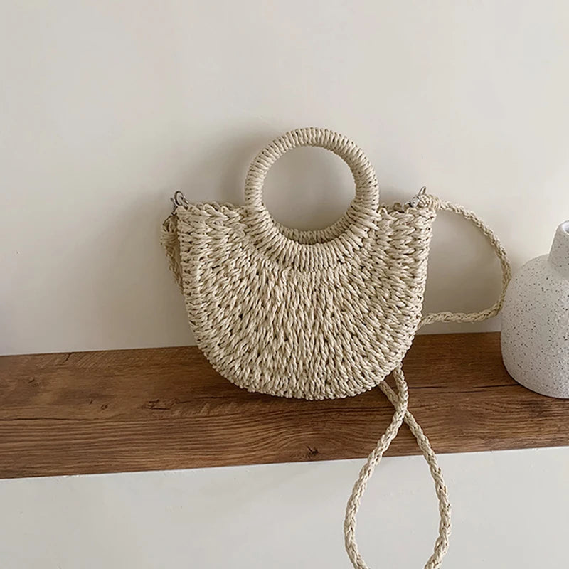 Straw Bag Women Hand-Woven Handbag Moon Shape Lace Bow Rattan Bag Big Capacity Drawstring Casual Beach Shoulder Crossbody Bag