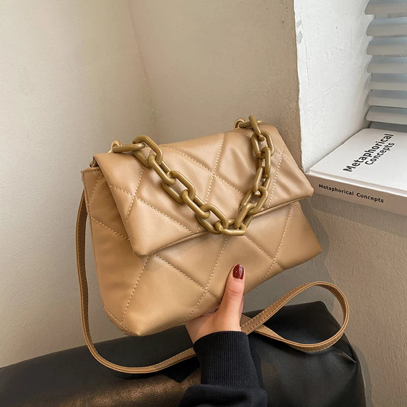 Vintage Pu Leather Shoulder Bags For Women Large Capacity Crossbody Bag Chains Decor Female Messenger Handbags Tote