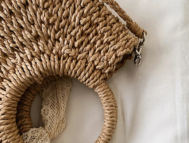 Straw Bag Women Hand-Woven Handbag Moon Shape Lace Bow Rattan Bag Big Capacity Drawstring Casual Beach Shoulder Crossbody Bag