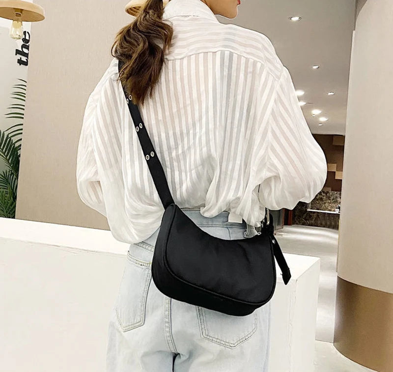 Casual Shoulder Bags For Women Black Waterproof Nylon Crossbody Bag Cool Girls Underarm Handbag Purse