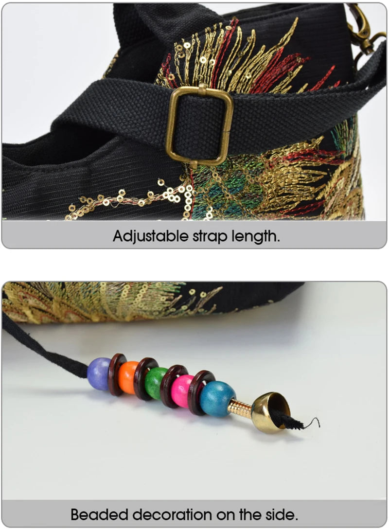 Women Shoulder Bag Handmade Shiny Peacock Embroidered Bohemia Handbag Retro Large Capacity Canvas Tote Shopping Messenger Purse