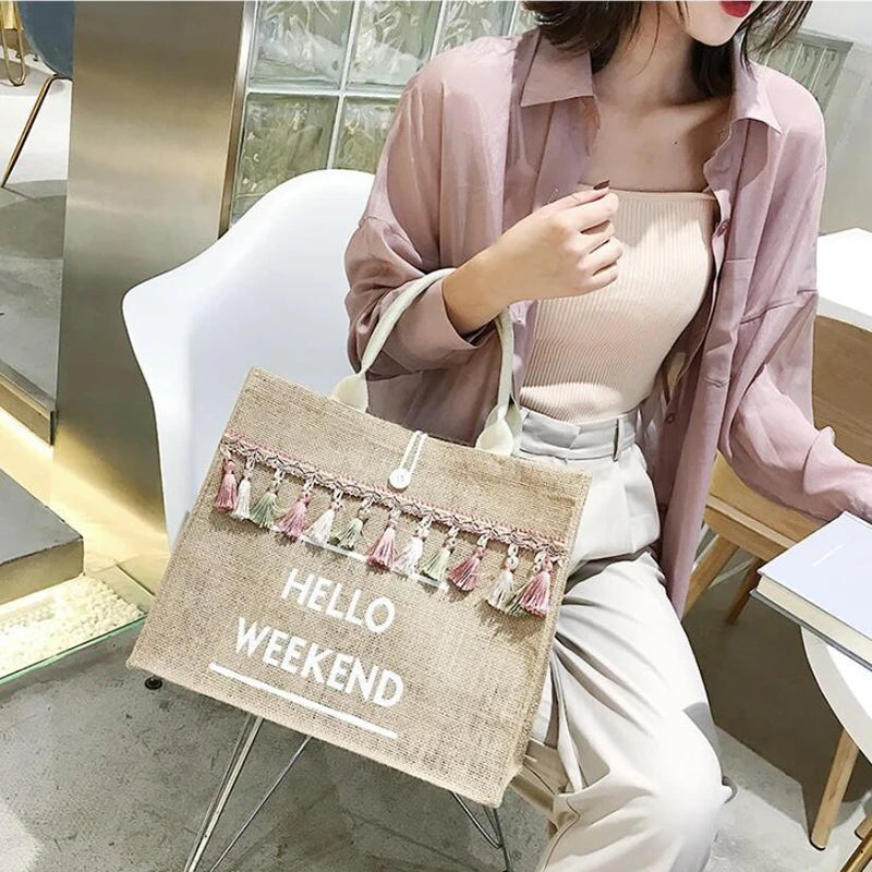 Canvas Handbag Women Large Capacity Tassel Shoulder Bag Simple letter Top-handle Bag Linen Lady Tote Shopping Weekend Bag Bolso
