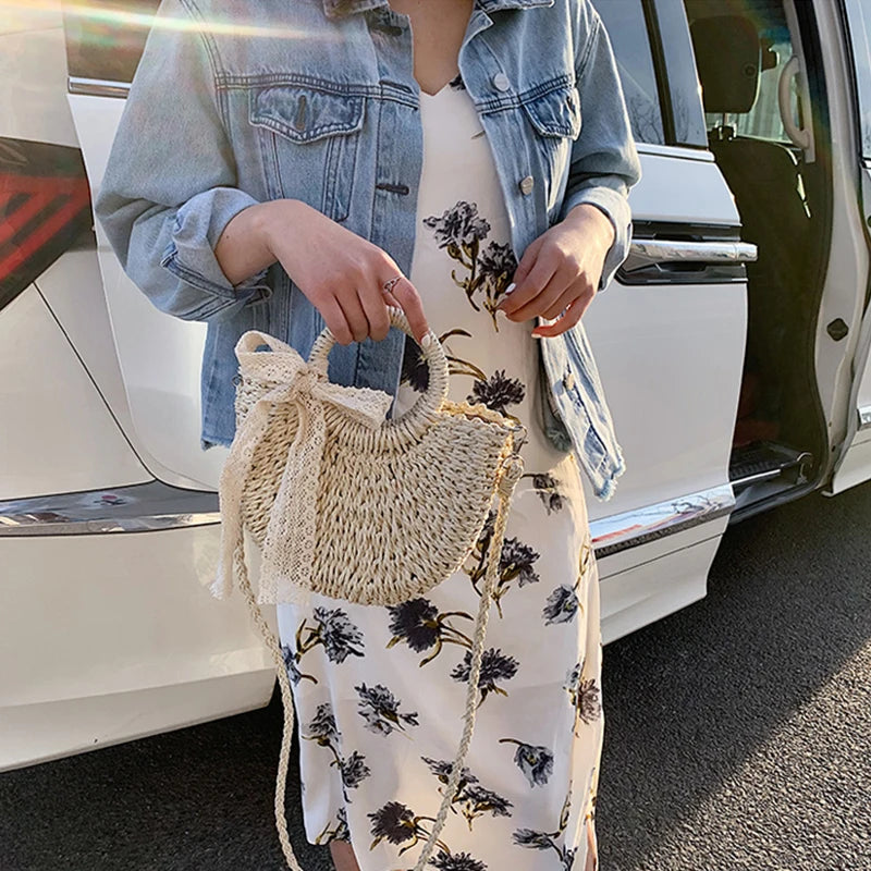Straw Bag Women Hand-Woven Handbag Moon Shape Lace Bow Rattan Bag Big Capacity Drawstring Casual Beach Shoulder Crossbody Bag