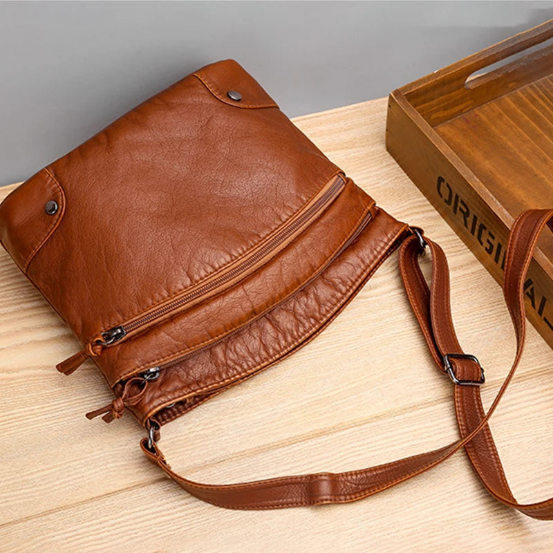 Soft PU Leather Shoulder Crossbody Bag Women Retro Design Messenger Bag Casual Multi-zipper Female Daily Travel Handbag Satchel