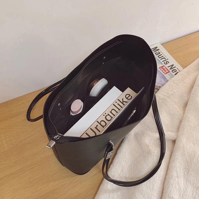 Simple Style Large Capacity Shoulder Bags For Women Solid Color Fashion Pu Leather Handbag Totes Female Shopping Bag Pack