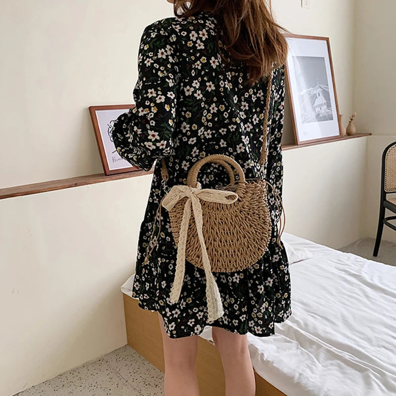 Straw Bag Women Hand-Woven Handbag Moon Shape Lace Bow Rattan Bag Big Capacity Drawstring Casual Beach Shoulder Crossbody Bag