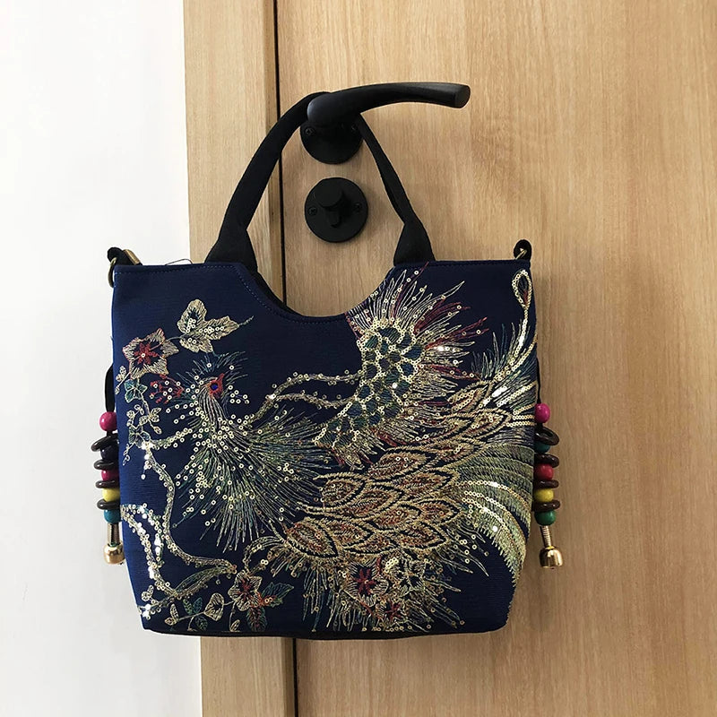 Women Shoulder Bag Handmade Shiny Peacock Embroidered Bohemia Handbag Retro Large Capacity Canvas Tote Shopping Messenger Purse