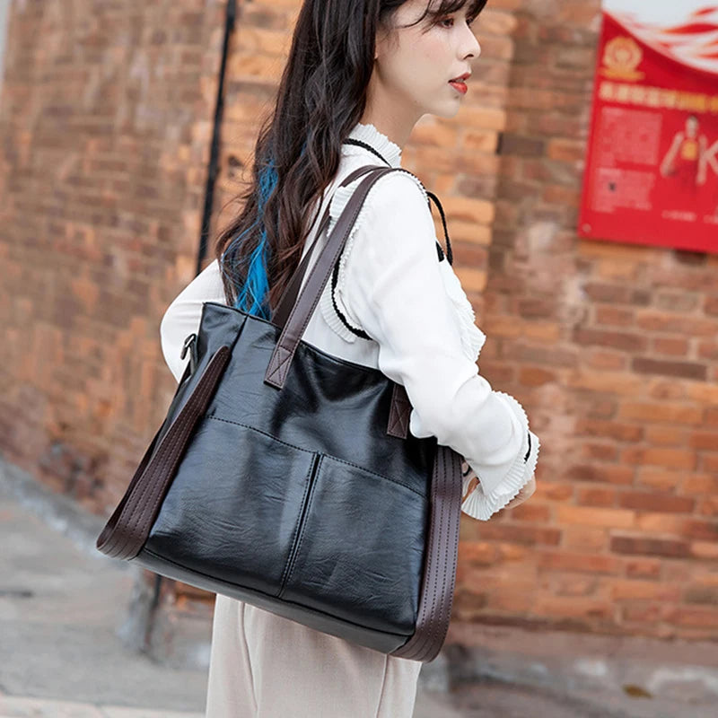 Soft Leather Women's Totes Bags High Capacity Shouldr Bag Luxury Middle-aged Lady Top-handle Bag Casual Armpit Bag Travel Pack