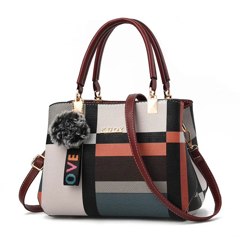 Luxury Plaid Handbag Women Hairball PU Leather Shoulder Bag Large Capacity Crossbody Bag Brand Handle Bag Shopping Lady Tote sac