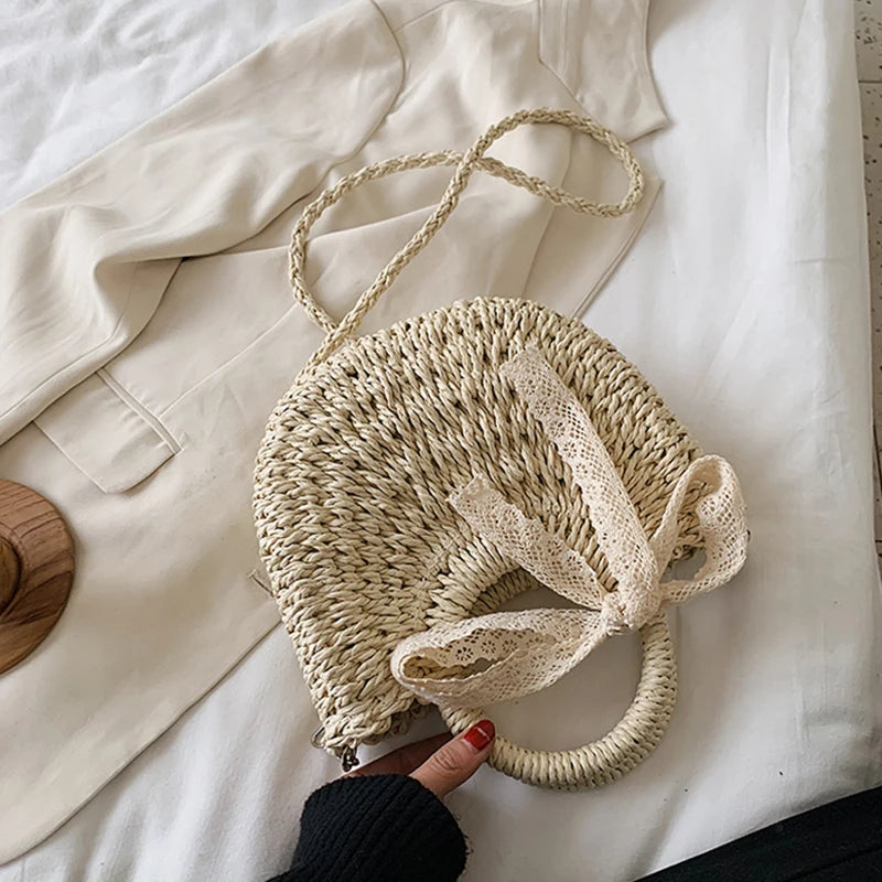 Straw Bag Women Hand-Woven Handbag Moon Shape Lace Bow Rattan Bag Big Capacity Drawstring Casual Beach Shoulder Crossbody Bag