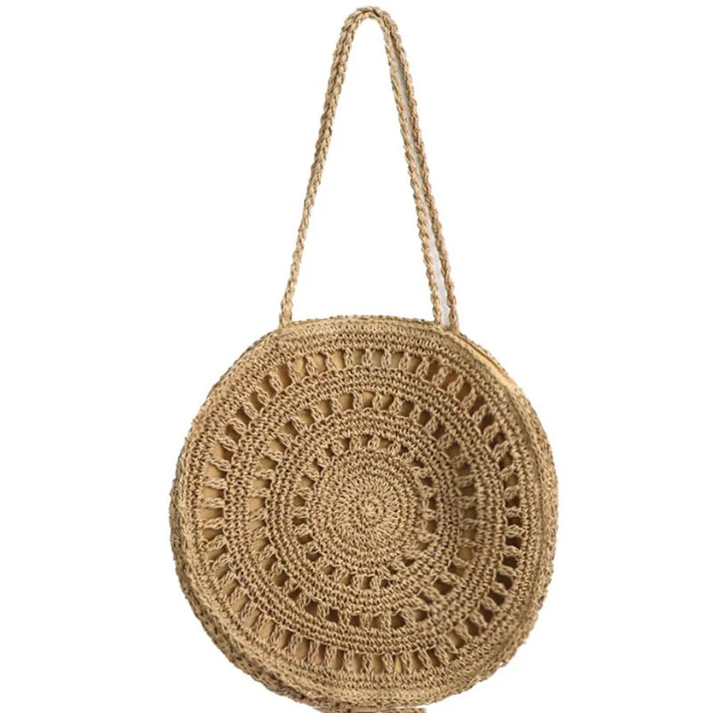 Summer Round Straw Bag Women Woven Rattan Beach Bag Hot New Shoulder Bag Circle Hollow Out Handle Bag Casual Shopper Tote Pouch