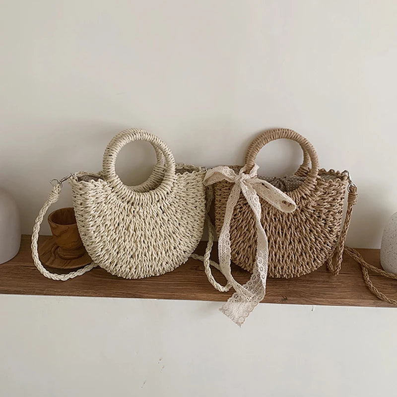 Straw Bag Women Hand-Woven Handbag Moon Shape Lace Bow Rattan Bag Big Capacity Drawstring Casual Beach Shoulder Crossbody Bag