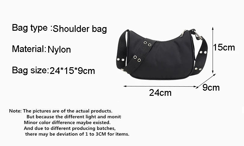 Casual Shoulder Bags For Women Black Waterproof Nylon Crossbody Bag Cool Girls Underarm Handbag Purse