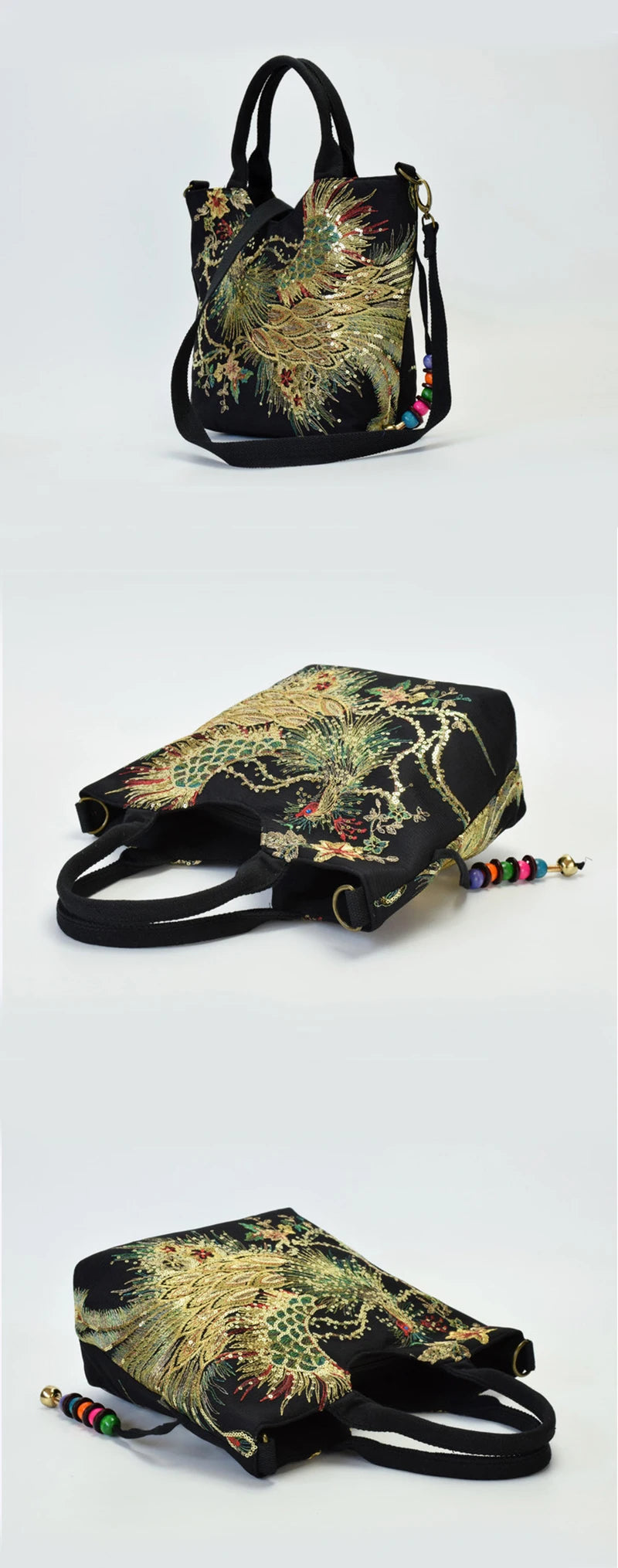 Women Shoulder Bag Handmade Shiny Peacock Embroidered Bohemia Handbag Retro Large Capacity Canvas Tote Shopping Messenger Purse