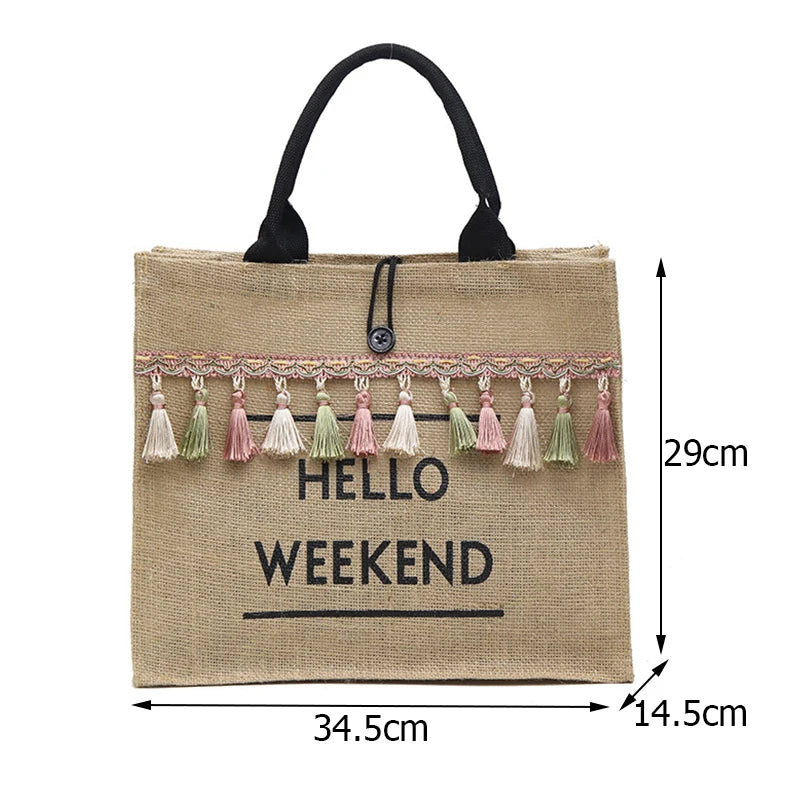Canvas Handbag Women Large Capacity Tassel Shoulder Bag Simple letter Top-handle Bag Linen Lady Tote Shopping Weekend Bag Bolso