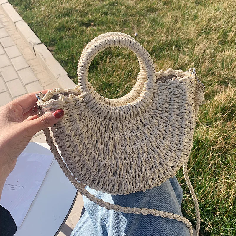 Straw Bag Women Hand-Woven Handbag Moon Shape Lace Bow Rattan Bag Big Capacity Drawstring Casual Beach Shoulder Crossbody Bag