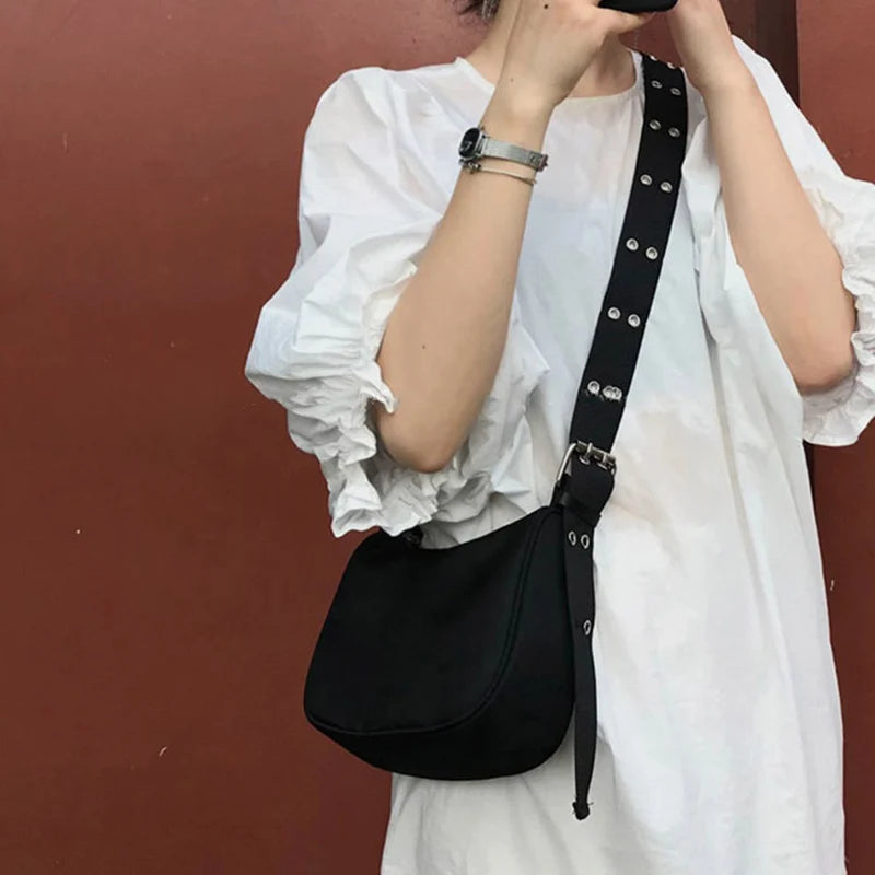 Casual Shoulder Bags For Women Black Waterproof Nylon Crossbody Bag Cool Girls Underarm Handbag Purse