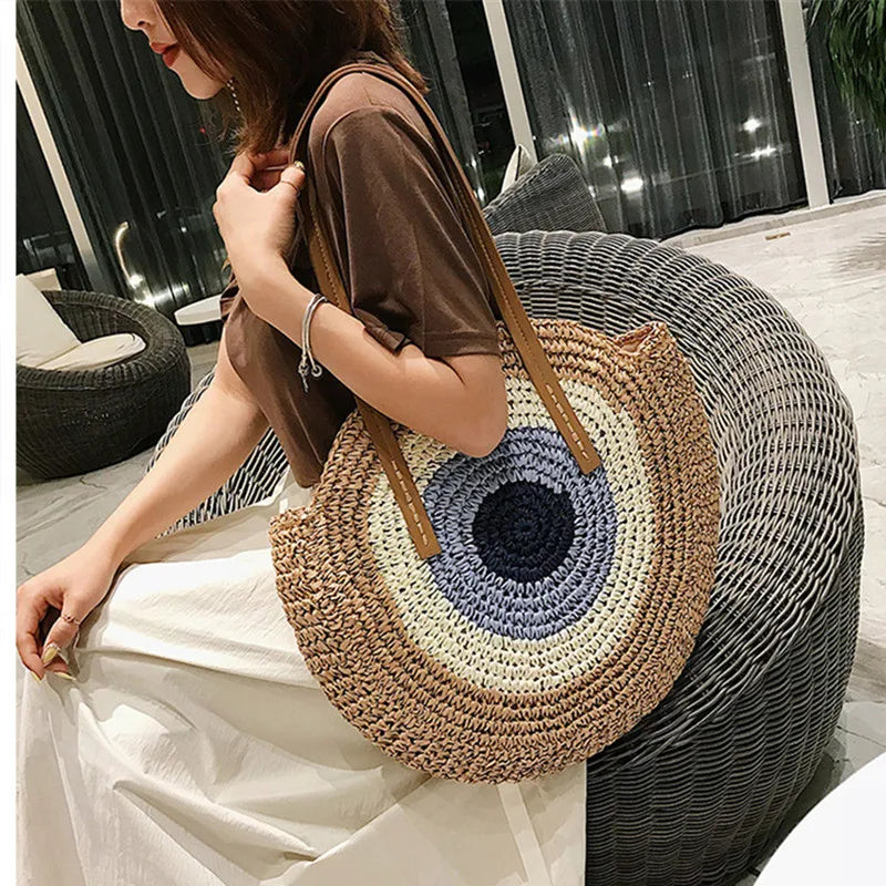Large Capacity Round Women Fashionable Straw Woven Shoulder Bag Handmade Summer Beach Travel Holiday Women Tote Bags