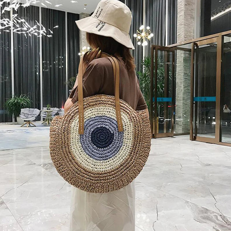 Large Capacity Round Women Fashionable Straw Woven Shoulder Bag Handmade Summer Beach Travel Holiday Women Tote Bags