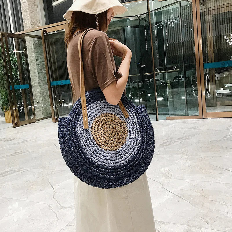 Large Capacity Round Women Fashionable Straw Woven Shoulder Bag Handmade Summer Beach Travel Holiday Women Tote Bags