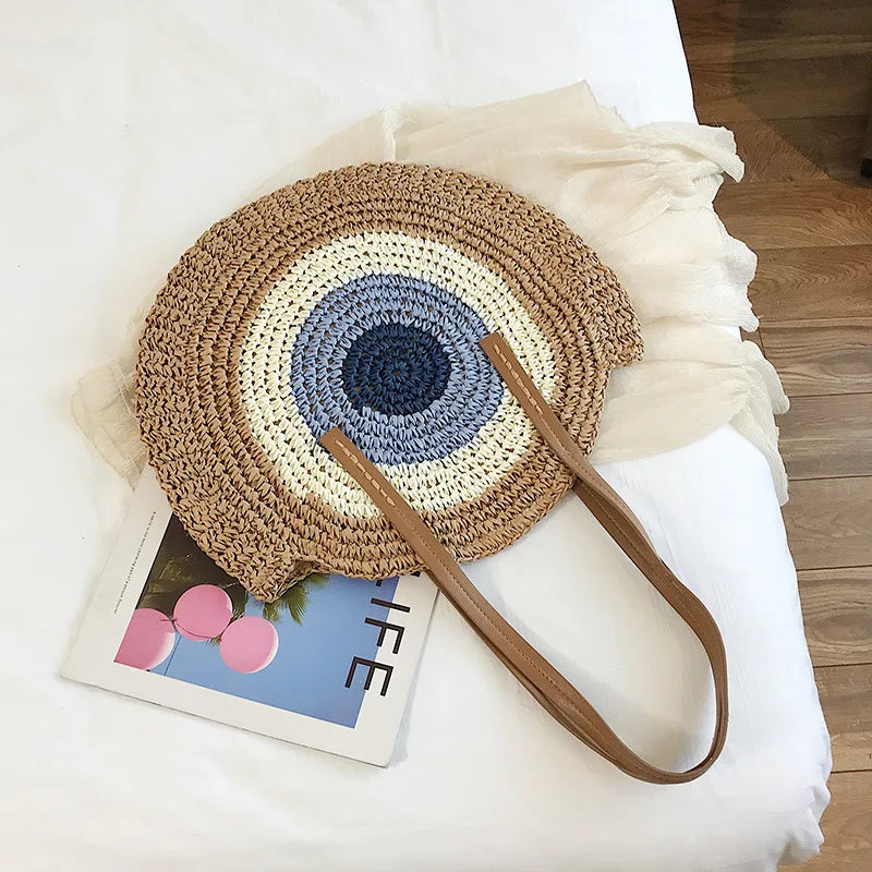 Large Capacity Round Women Fashionable Straw Woven Shoulder Bag Handmade Summer Beach Travel Holiday Women Tote Bags