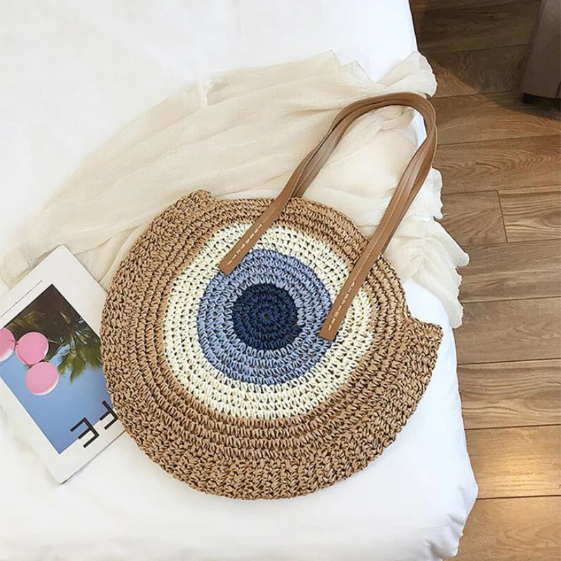 Large Capacity Round Women Fashionable Straw Woven Shoulder Bag Handmade Summer Beach Travel Holiday Women Tote Bags