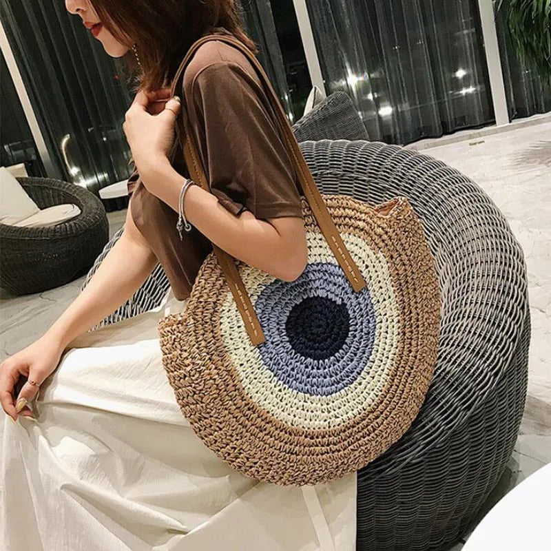 Large Capacity Round Women Fashionable Straw Woven Shoulder Bag Handmade Summer Beach Travel Holiday Women Tote Bags