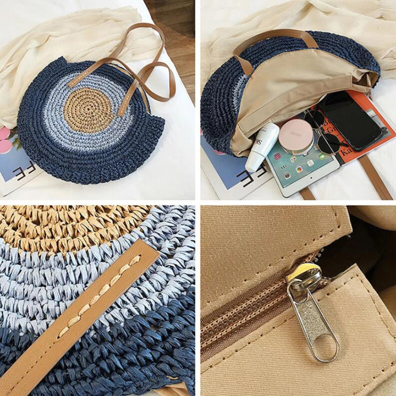 Large Capacity Round Women Fashionable Straw Woven Shoulder Bag Handmade Summer Beach Travel Holiday Women Tote Bags