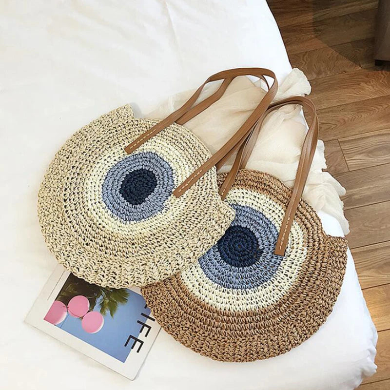 Large Capacity Round Women Fashionable Straw Woven Shoulder Bag Handmade Summer Beach Travel Holiday Women Tote Bags