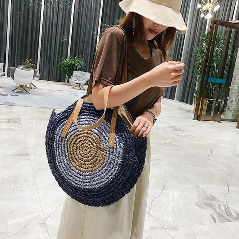 Large Capacity Round Women Fashionable Straw Woven Shoulder Bag Handmade Summer Beach Travel Holiday Women Tote Bags