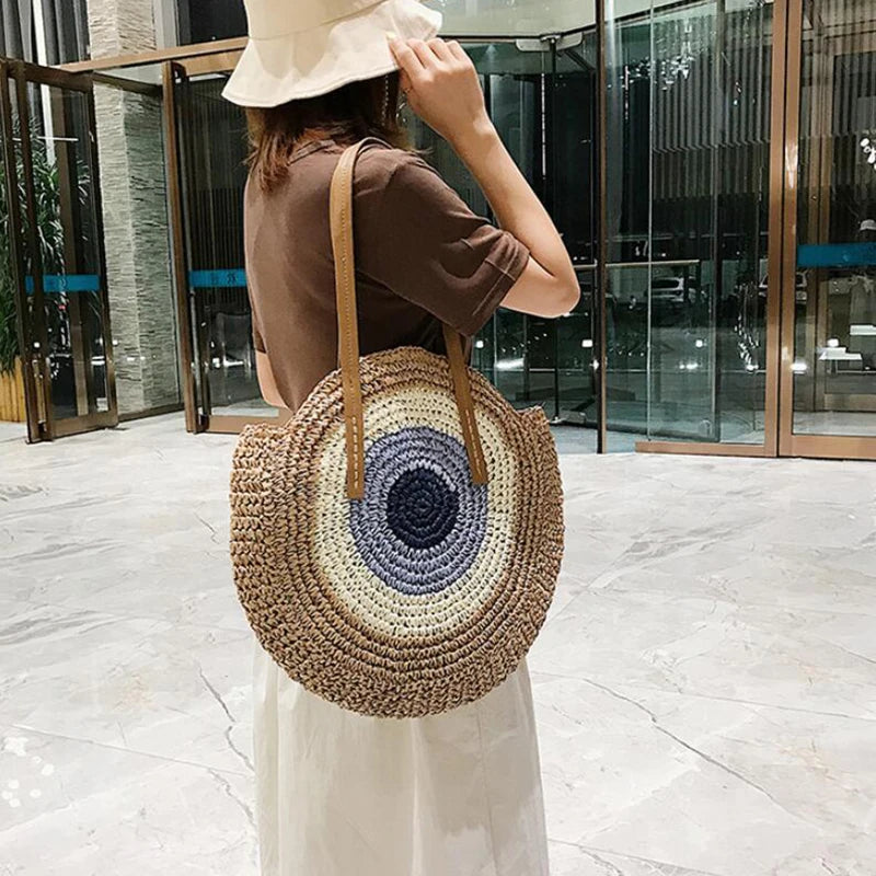 Large Capacity Round Women Fashionable Straw Woven Shoulder Bag Handmade Summer Beach Travel Holiday Women Tote Bags