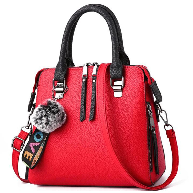 PU Leather Women Messenger Bag Fur Ball Crossbody Flap Bag Female  Shoulder Bag Solid Color Handbags