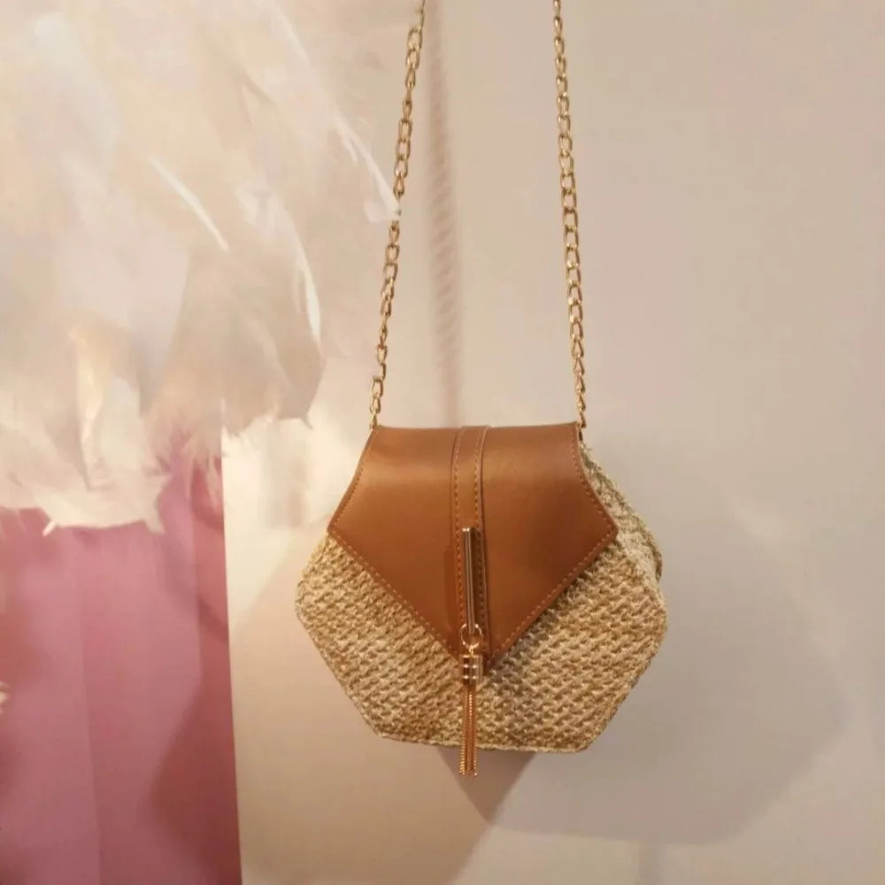 Hexagon Mulit Style Straw+leather Handbag Women Summer Rattan Bag Handmade Woven Beach Circle Bohemia Shoulder Bag