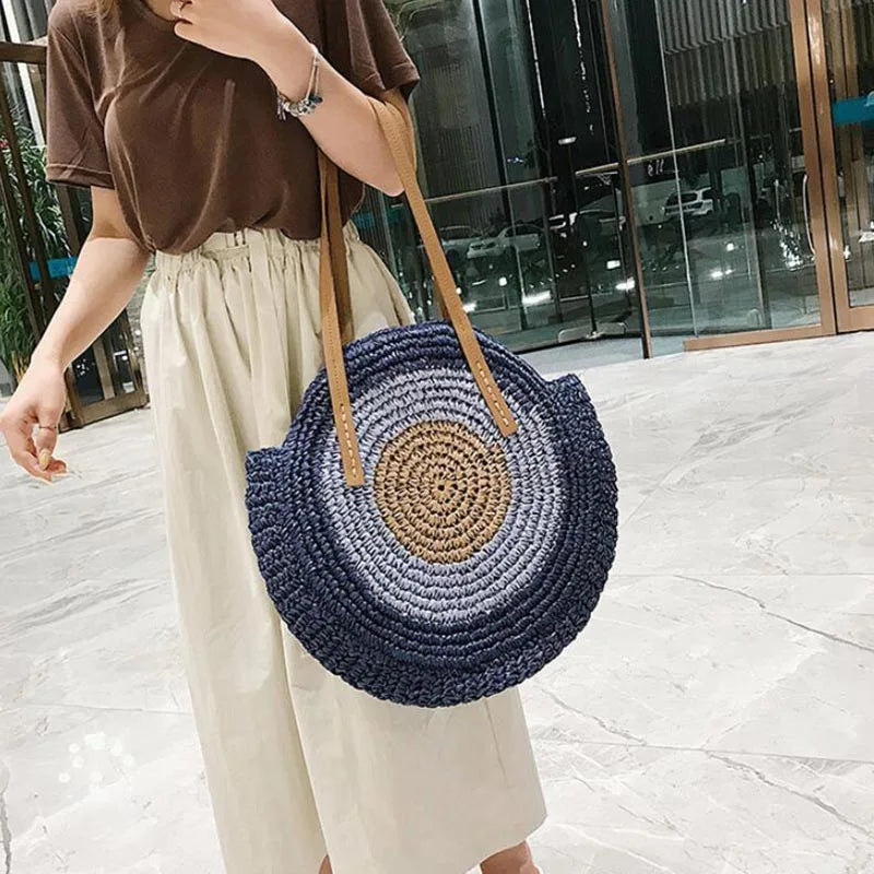 Large Capacity Round Women Fashionable Straw Woven Shoulder Bag Handmade Summer Beach Travel Holiday Women Tote Bags