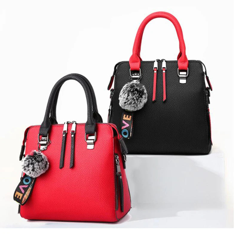 PU Leather Women Messenger Bag Fur Ball Crossbody Flap Bag Female  Shoulder Bag Solid Color Handbags