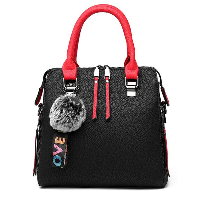 PU Leather Women Messenger Bag Fur Ball Crossbody Flap Bag Female  Shoulder Bag Solid Color Handbags
