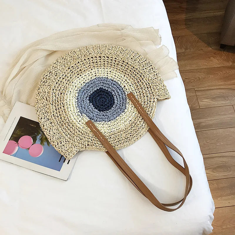 Large Capacity Round Women Fashionable Straw Woven Shoulder Bag Handmade Summer Beach Travel Holiday Women Tote Bags