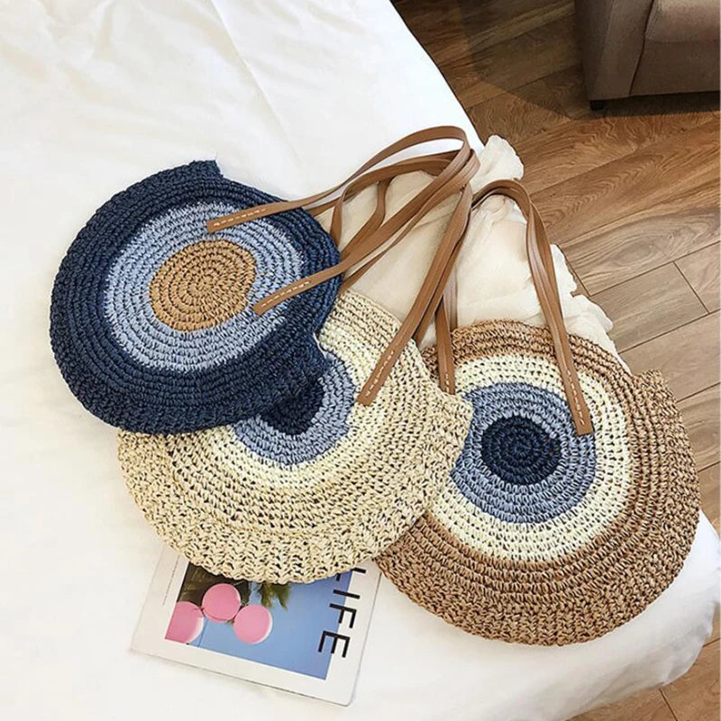 Large Capacity Round Women Fashionable Straw Woven Shoulder Bag Handmade Summer Beach Travel Holiday Women Tote Bags