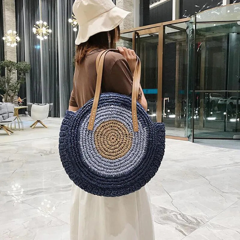 Large Capacity Round Women Fashionable Straw Woven Shoulder Bag Handmade Summer Beach Travel Holiday Women Tote Bags