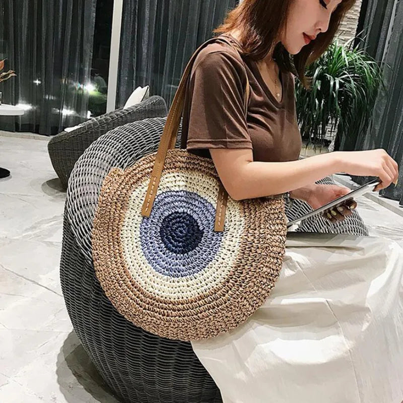 Large Capacity Round Women Fashionable Straw Woven Shoulder Bag Handmade Summer Beach Travel Holiday Women Tote Bags