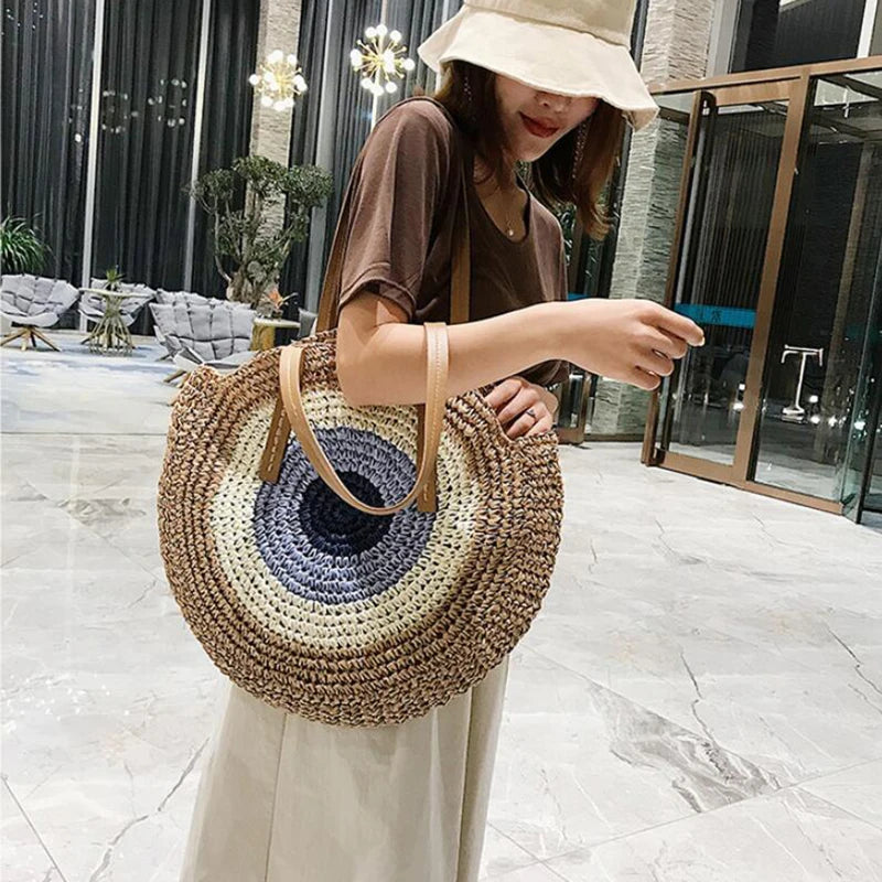 Large Capacity Round Women Fashionable Straw Woven Shoulder Bag Handmade Summer Beach Travel Holiday Women Tote Bags