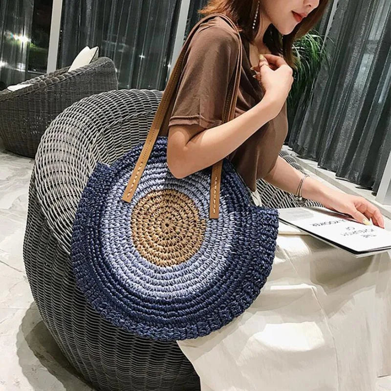 Large Capacity Round Women Fashionable Straw Woven Shoulder Bag Handmade Summer Beach Travel Holiday Women Tote Bags