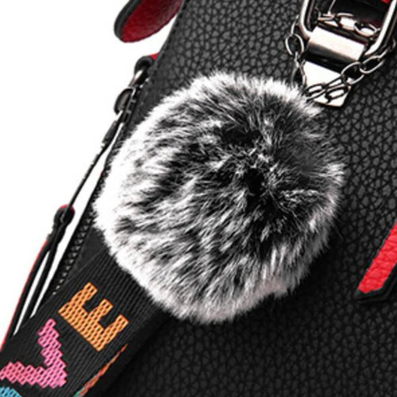 PU Leather Women Messenger Bag Fur Ball Crossbody Flap Bag Female  Shoulder Bag Solid Color Handbags
