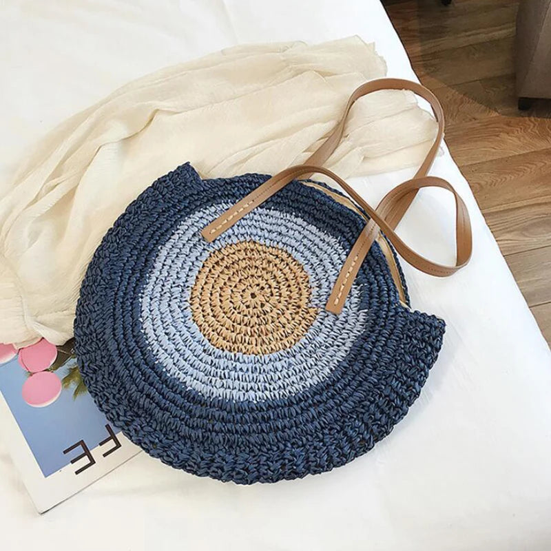 Large Capacity Round Women Fashionable Straw Woven Shoulder Bag Handmade Summer Beach Travel Holiday Women Tote Bags