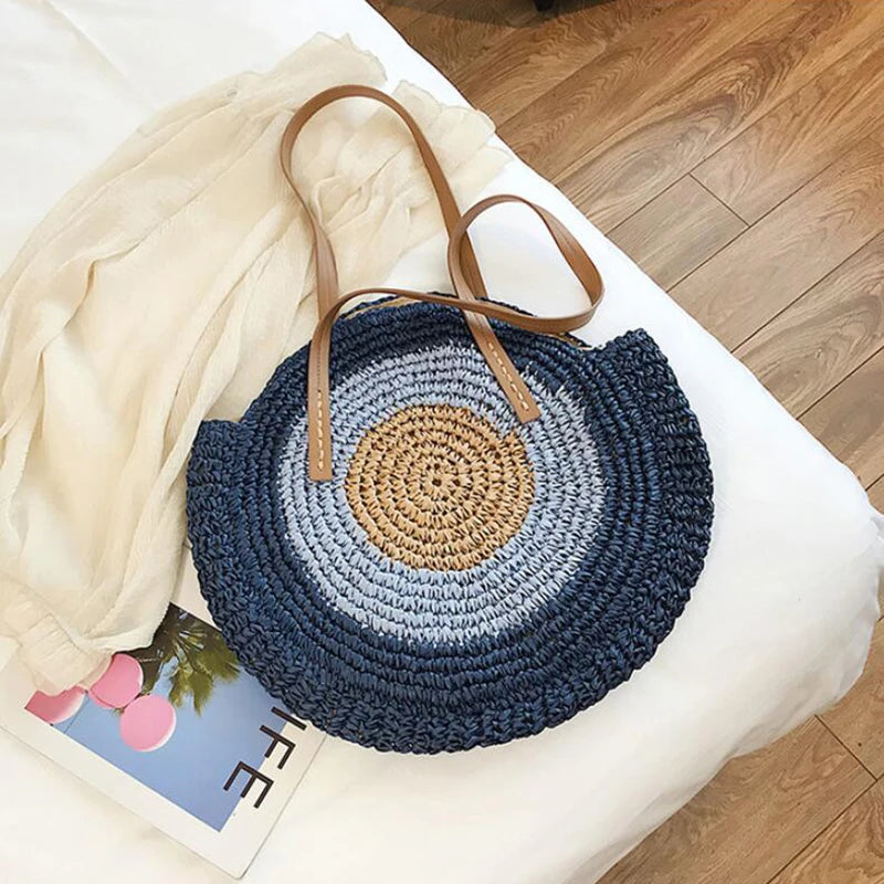 Large Capacity Round Women Fashionable Straw Woven Shoulder Bag Handmade Summer Beach Travel Holiday Women Tote Bags