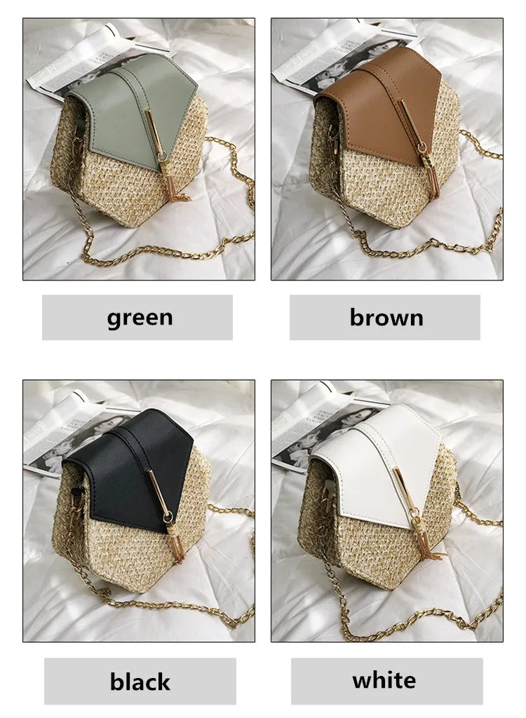 Hexagon Mulit Style Straw+leather Handbag Women Summer Rattan Bag Handmade Woven Beach Circle Bohemia Shoulder Bag