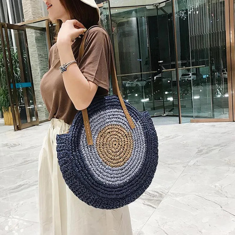 Large Capacity Round Women Fashionable Straw Woven Shoulder Bag Handmade Summer Beach Travel Holiday Women Tote Bags