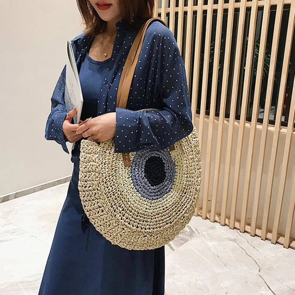 Large Capacity Round Women Fashionable Straw Woven Shoulder Bag Handmade Summer Beach Travel Holiday Women Tote Bags
