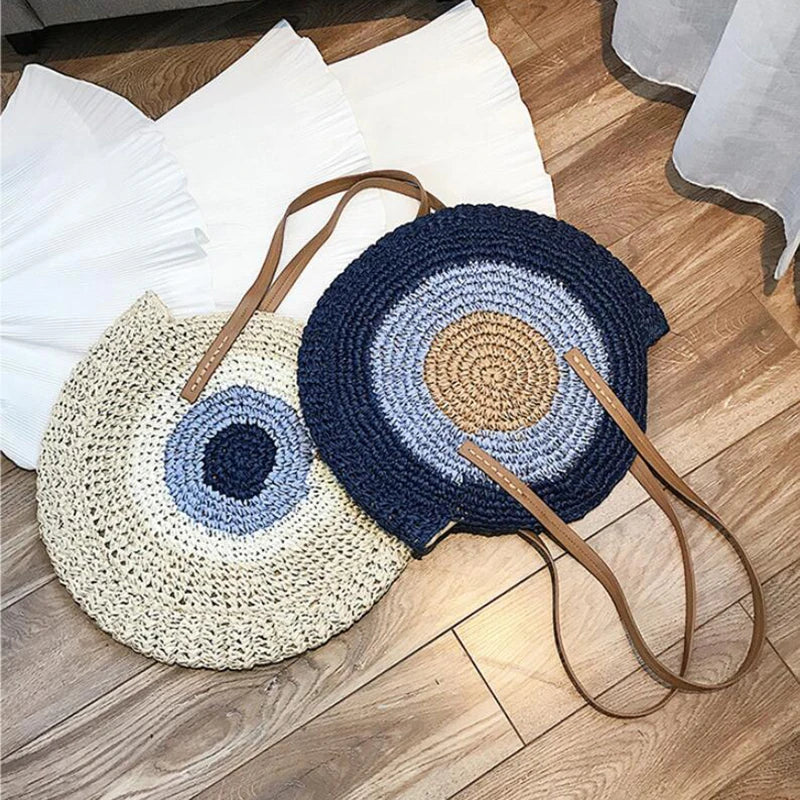 Large Capacity Round Women Fashionable Straw Woven Shoulder Bag Handmade Summer Beach Travel Holiday Women Tote Bags